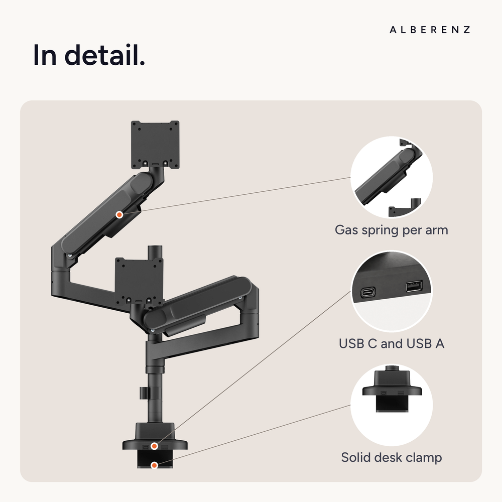 Alberenz® Doppelter Heavy Duty Monitorarm mit Gasfeder (2 Bildschirme bis 57 Zoll)