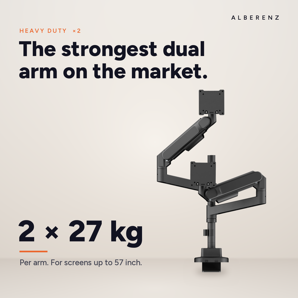 Alberenz® Doppelter Heavy Duty Monitorarm mit Gasfeder (2 Bildschirme bis 57 Zoll)