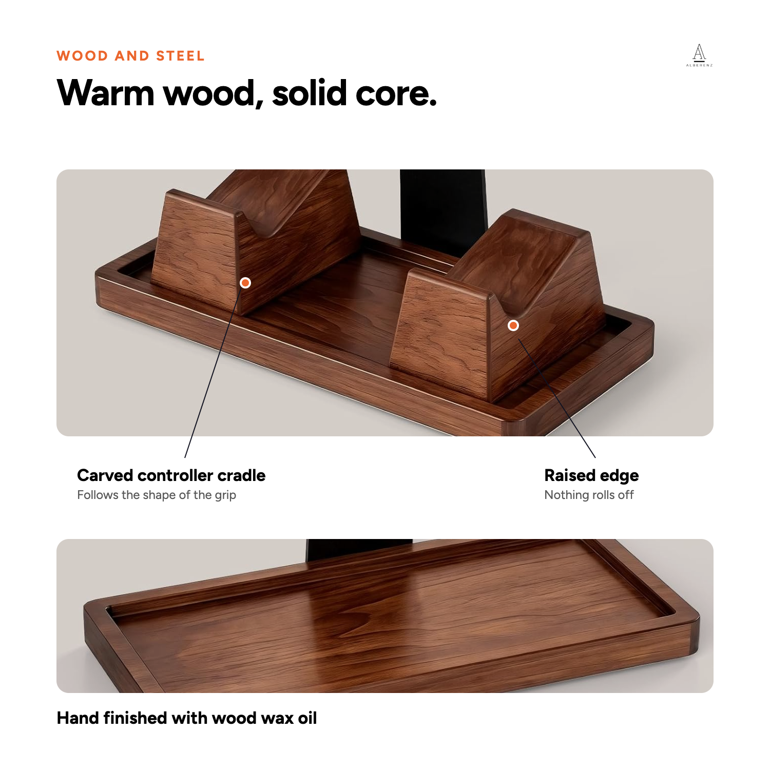 EN 03 — Close up of the hand finished wood saddle and carved controller cradles