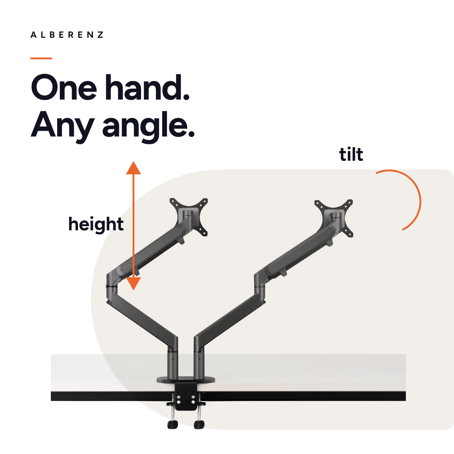 Gas spring monitor arm Alberenz: height, tilt and 360 degree rotation with one hand per arm