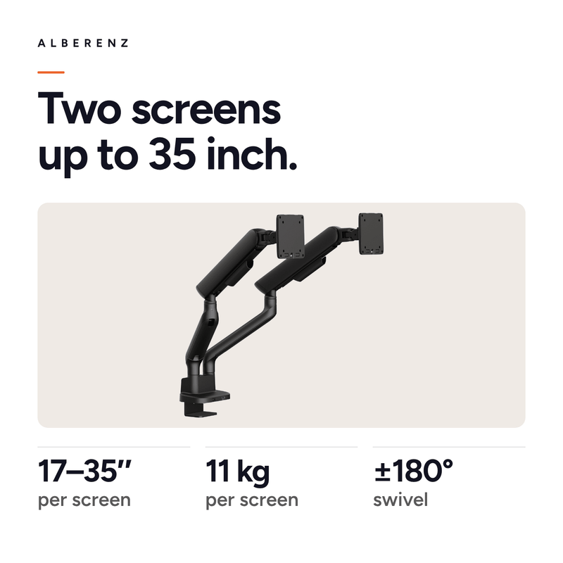 Alberenz Double Monitor Mount Gas Spring - Up until 35" - With USB - Black