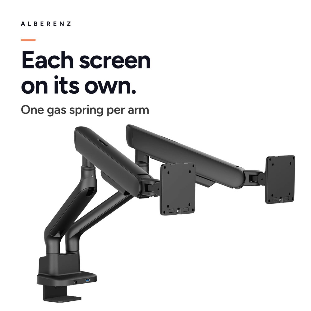 Alberenz Double Monitor Mount Gas Spring - Up until 35" - With USB - Black