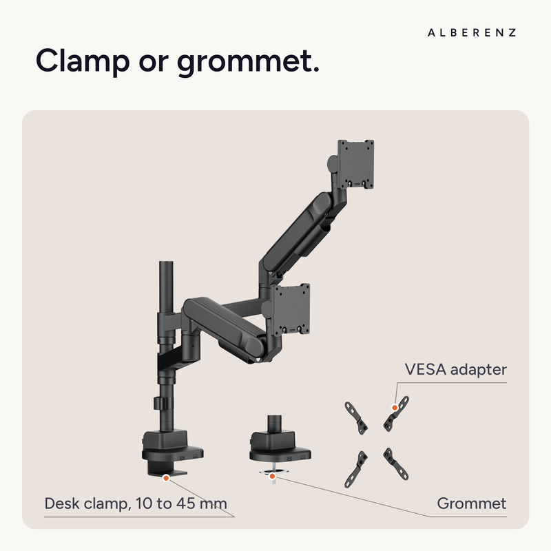 Alberenz® Doppelter Heavy Duty Monitorarm mit Gasfeder (2 Bildschirme bis 57 Zoll)