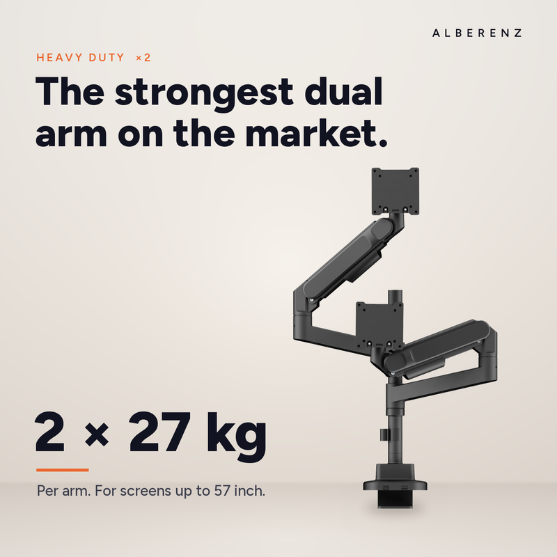 Alberenz® Doppelter Heavy Duty Monitorarm mit Gasfeder (2 Bildschirme bis 57 Zoll)