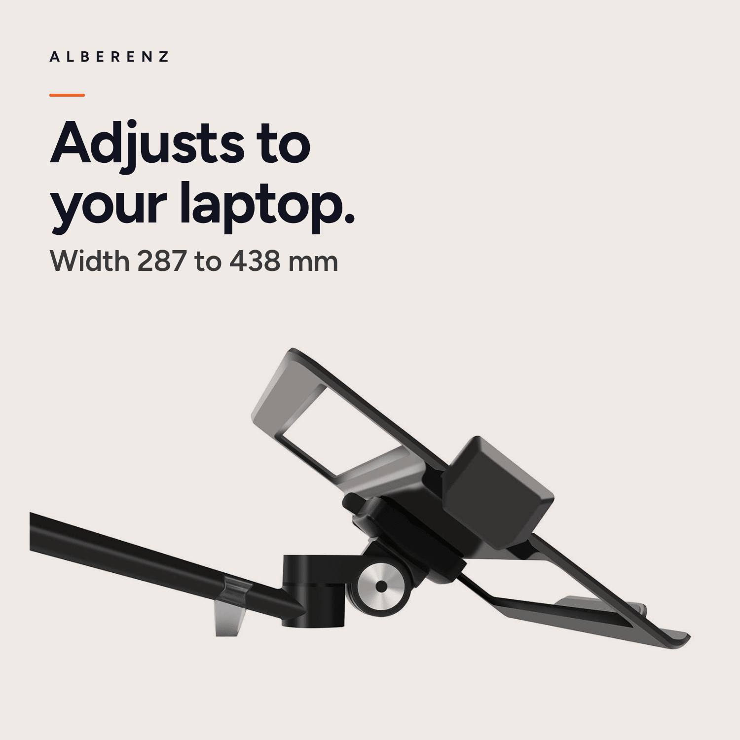 Alberenz dual monitor arm with laptop tray, black: adjustable laptop tray, width 287 to 438 mm