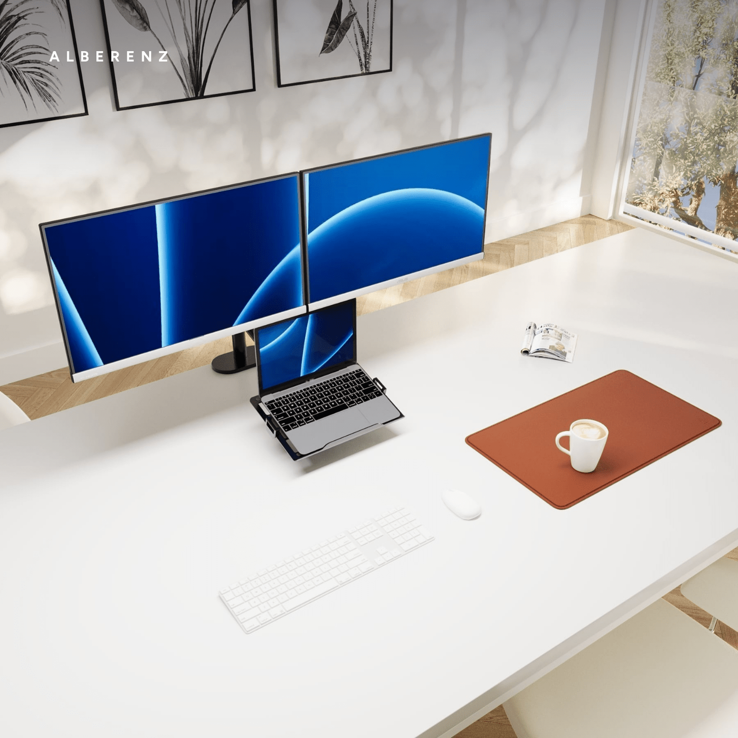 Alberenz dual monitor arm with laptop tray, black: in a bright home office