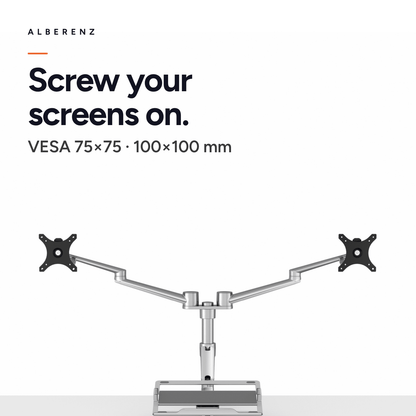 Alberenz dual monitor arm with laptop tray, silver: VESA 75x75 and 100x100 mm