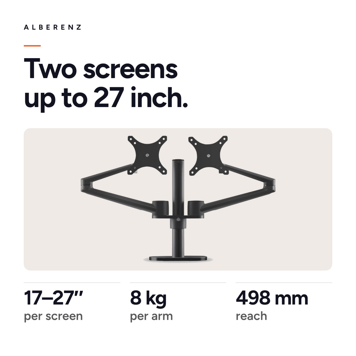Alberenz dual monitor desk mount, black: for 2 screens from 17 to 27 inch, up to 8 kg per arm