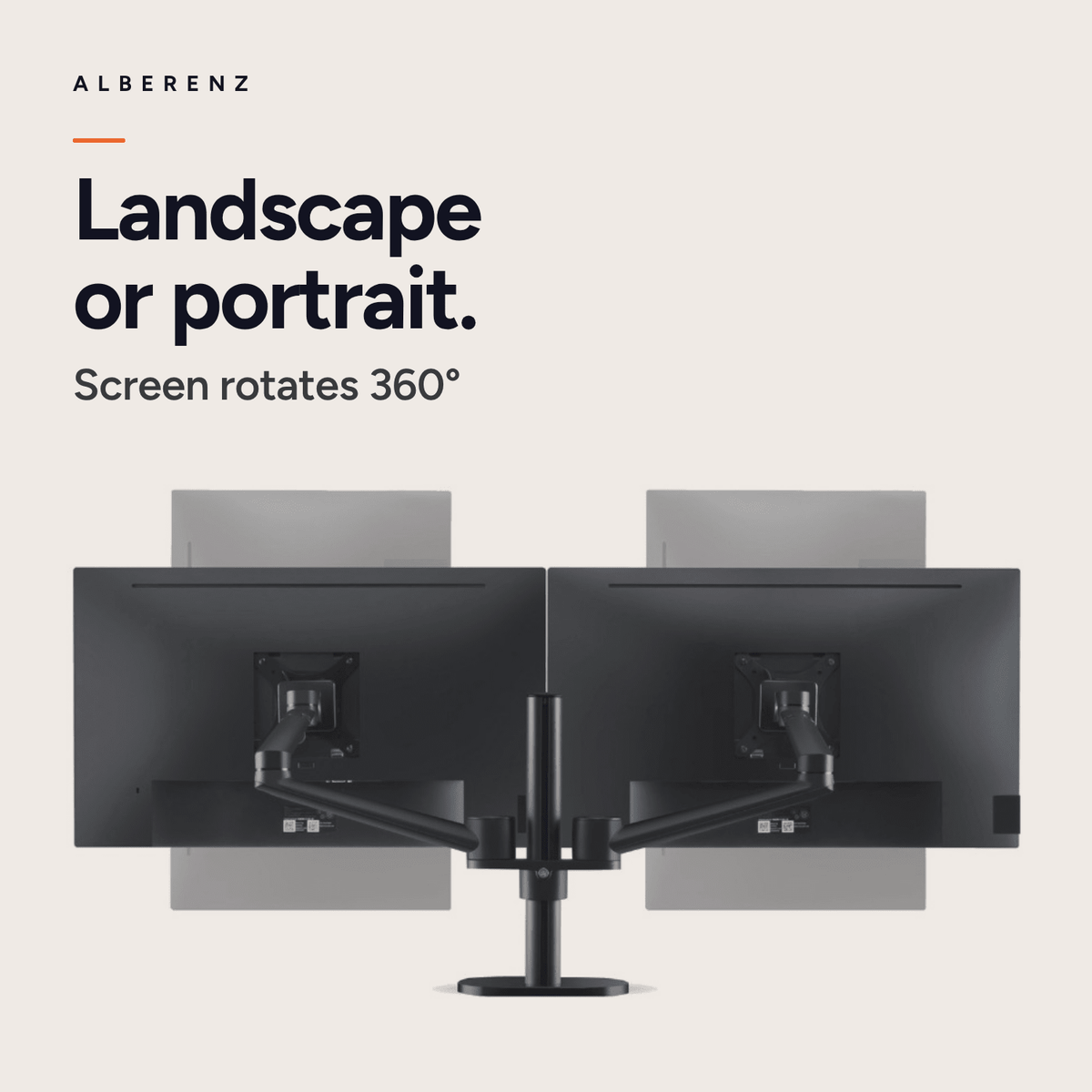 Alberenz dual monitor desk mount, black: screen rotates 360 degrees, landscape or portrait