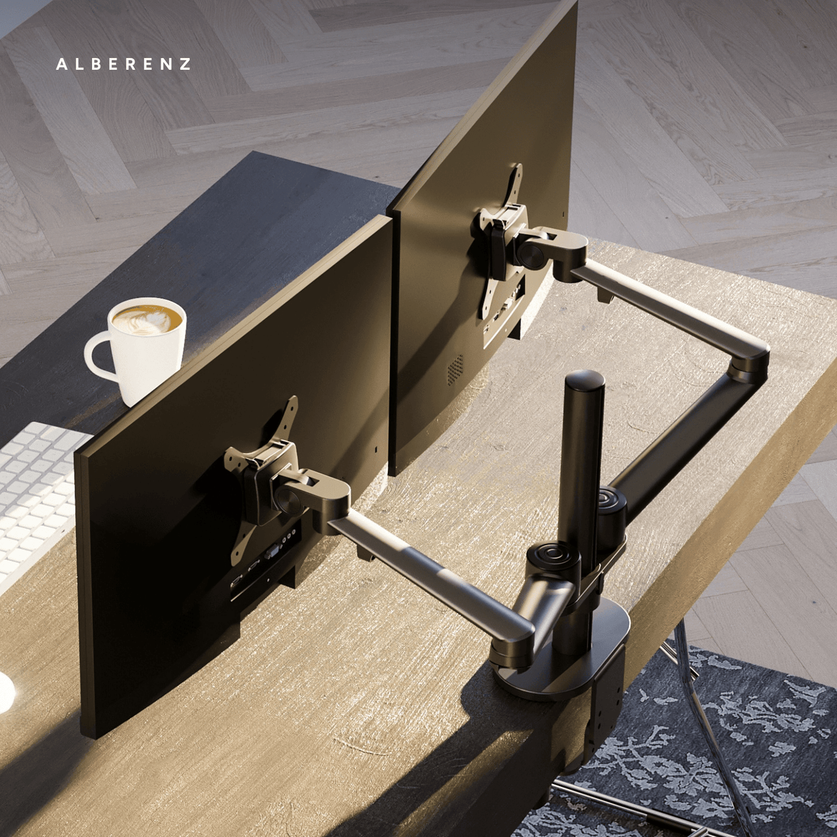 Alberenz dual monitor desk mount, black: seen from behind on the desk