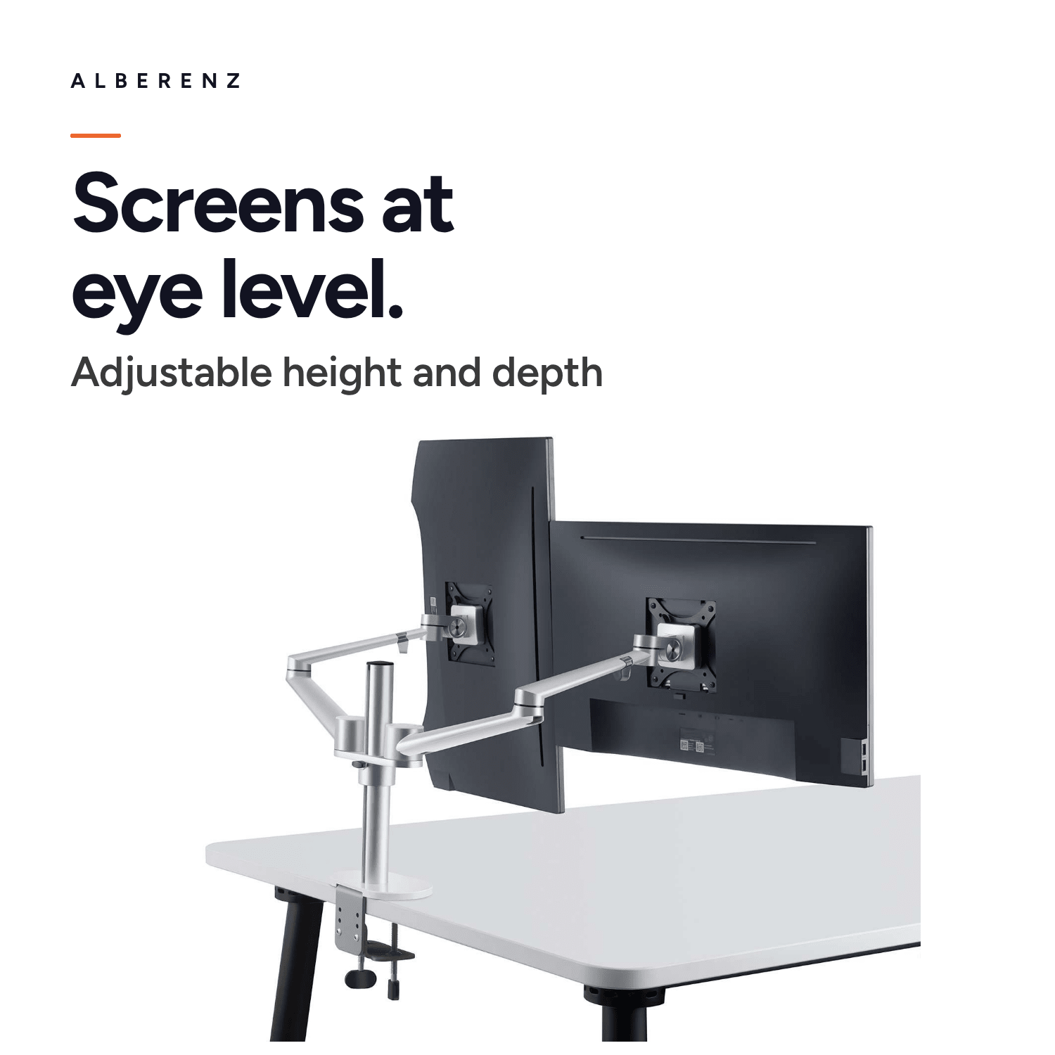 Alberenz dual monitor desk mount, silver: screens at eye level, adjustable height and depth