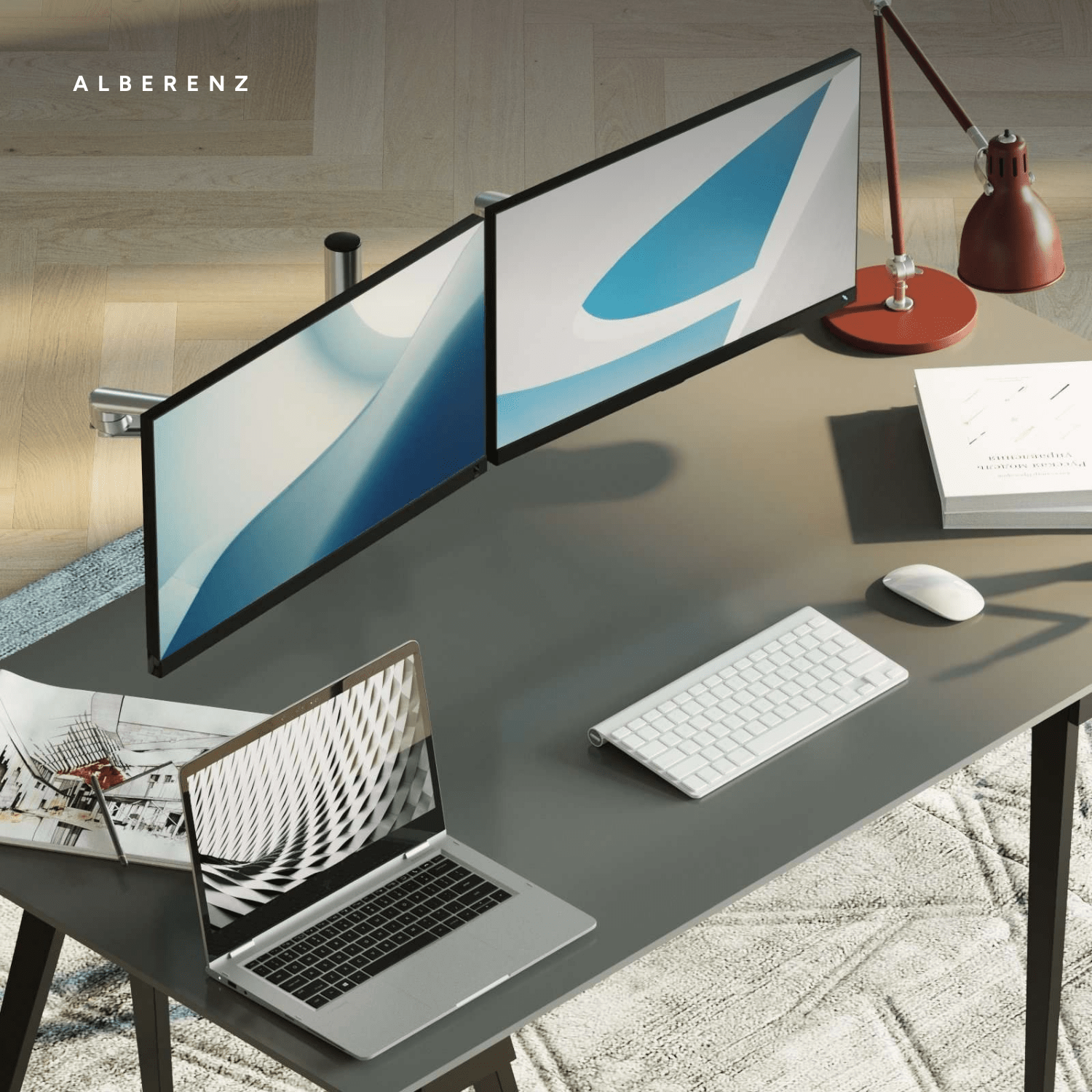 Alberenz dual monitor desk mount, silver: desk from above with two screens