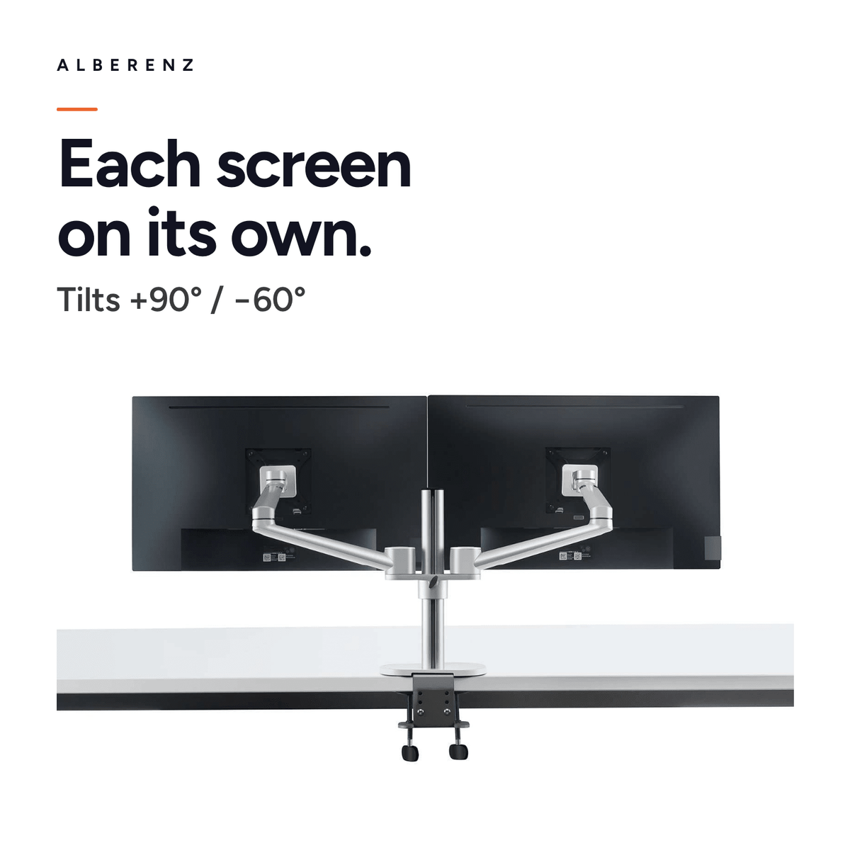 Alberenz dual monitor desk mount, silver: each screen separately, tilts +90 and -60 degrees