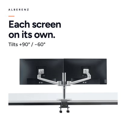 Alberenz dual monitor desk mount, silver: each screen separately, tilts +90 and -60 degrees