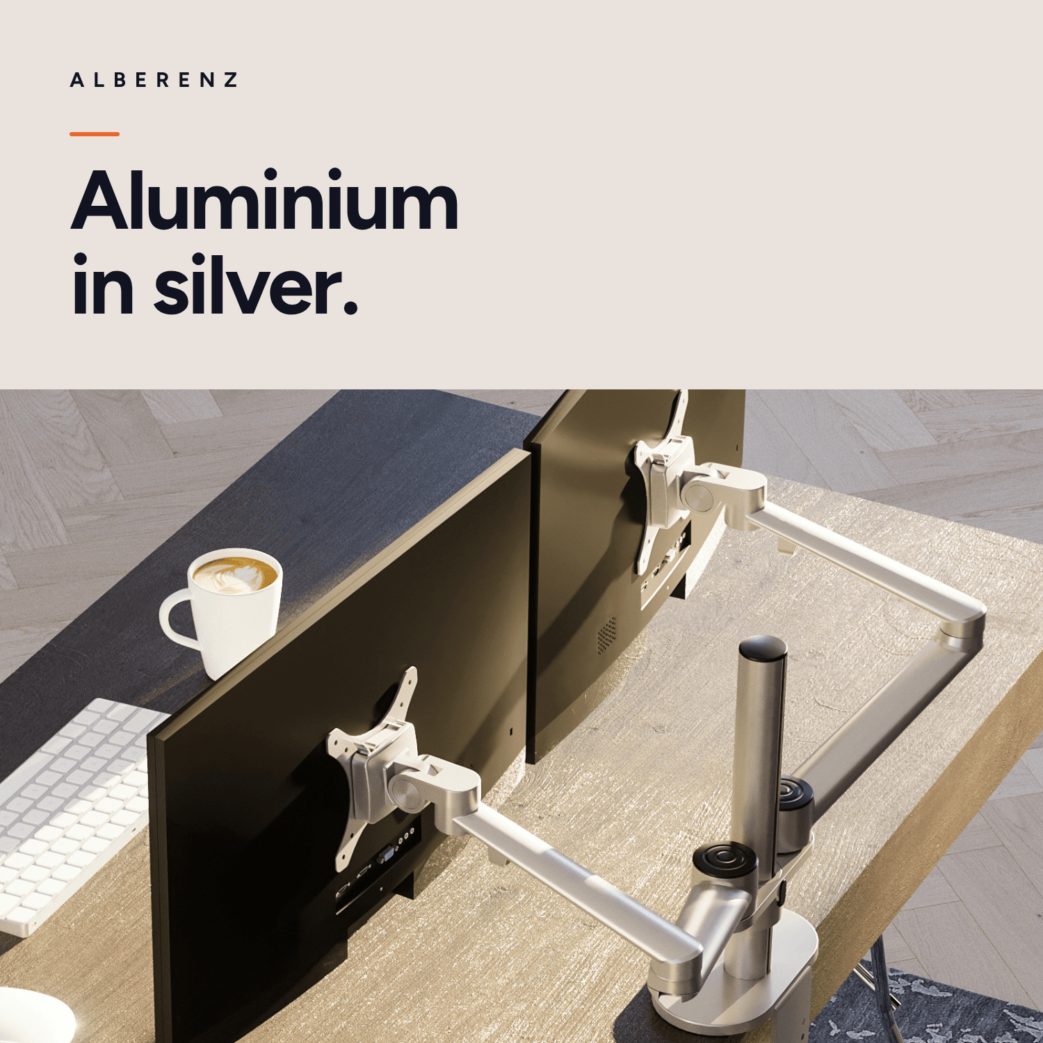 Alberenz dual monitor desk mount, silver: close-up of the silver aluminium finish