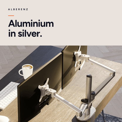 Alberenz dual monitor desk mount, silver: close-up of the silver aluminium finish