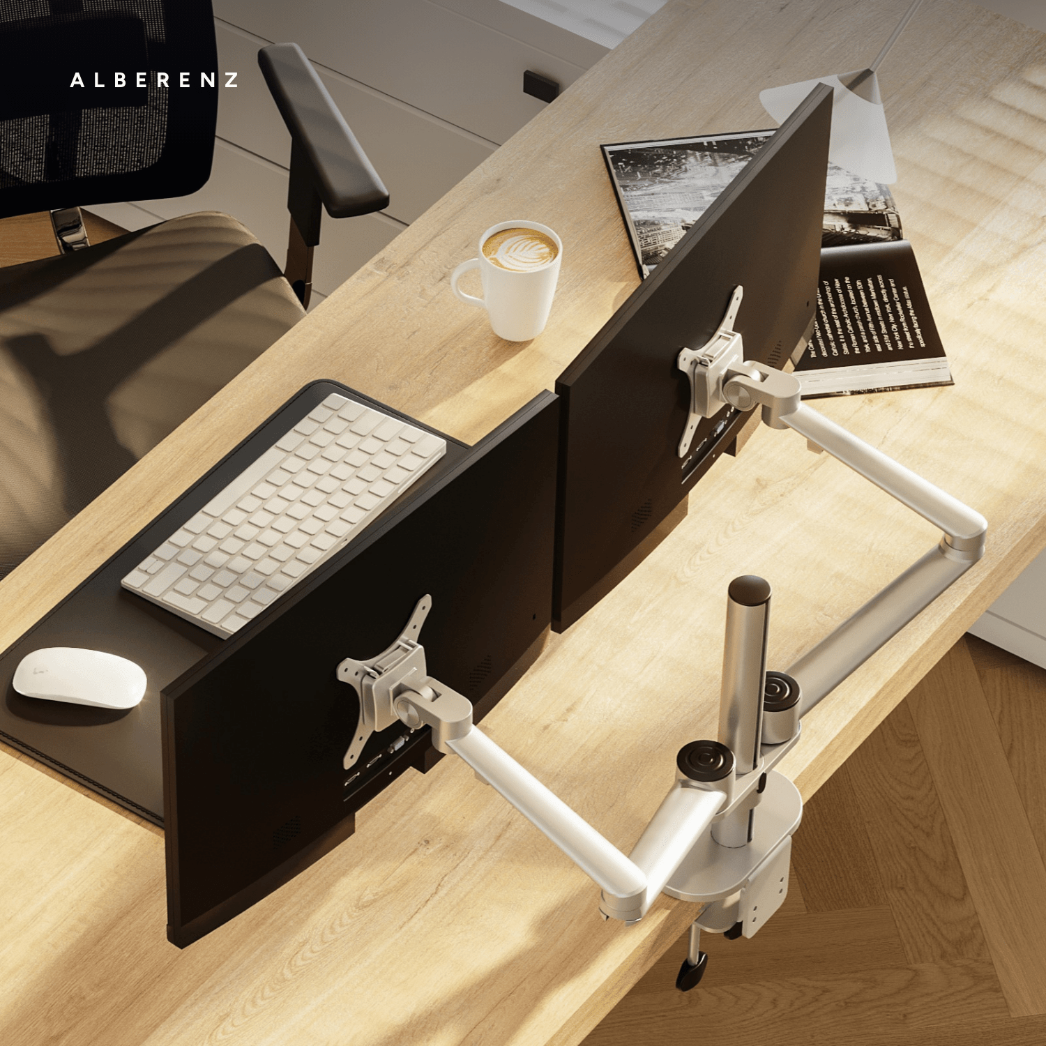 Alberenz dual monitor desk mount, silver: seen from behind on the desk