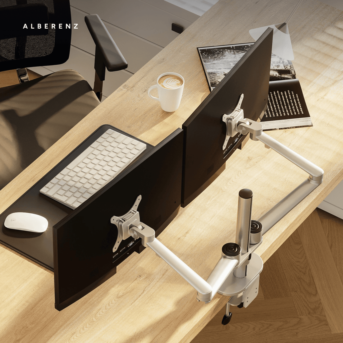 Alberenz dual monitor desk mount, silver: seen from behind on the desk