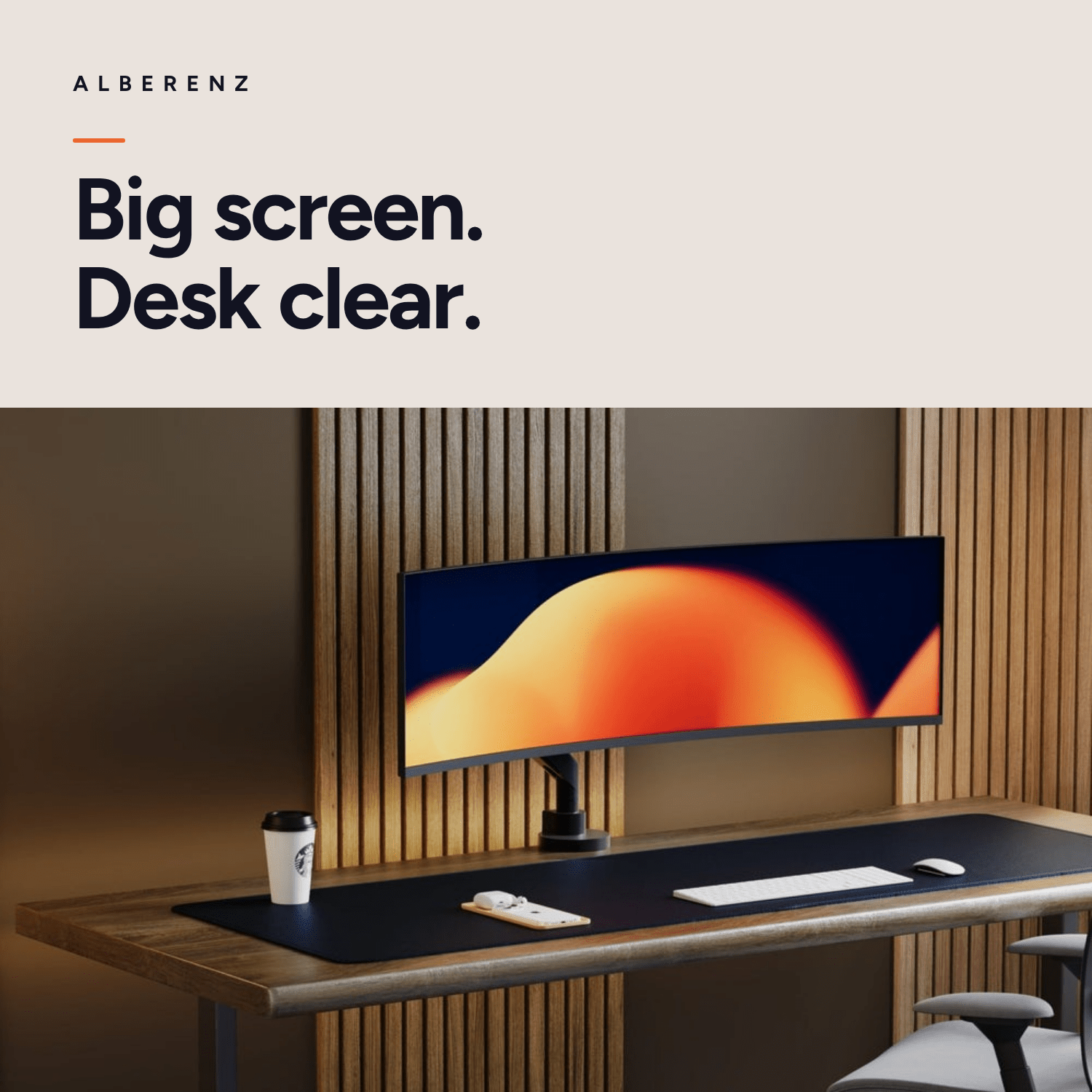 Alberenz heavy duty monitor arm with gas spring, matte black: ultrawide screen above the desk, the desktop stays clear