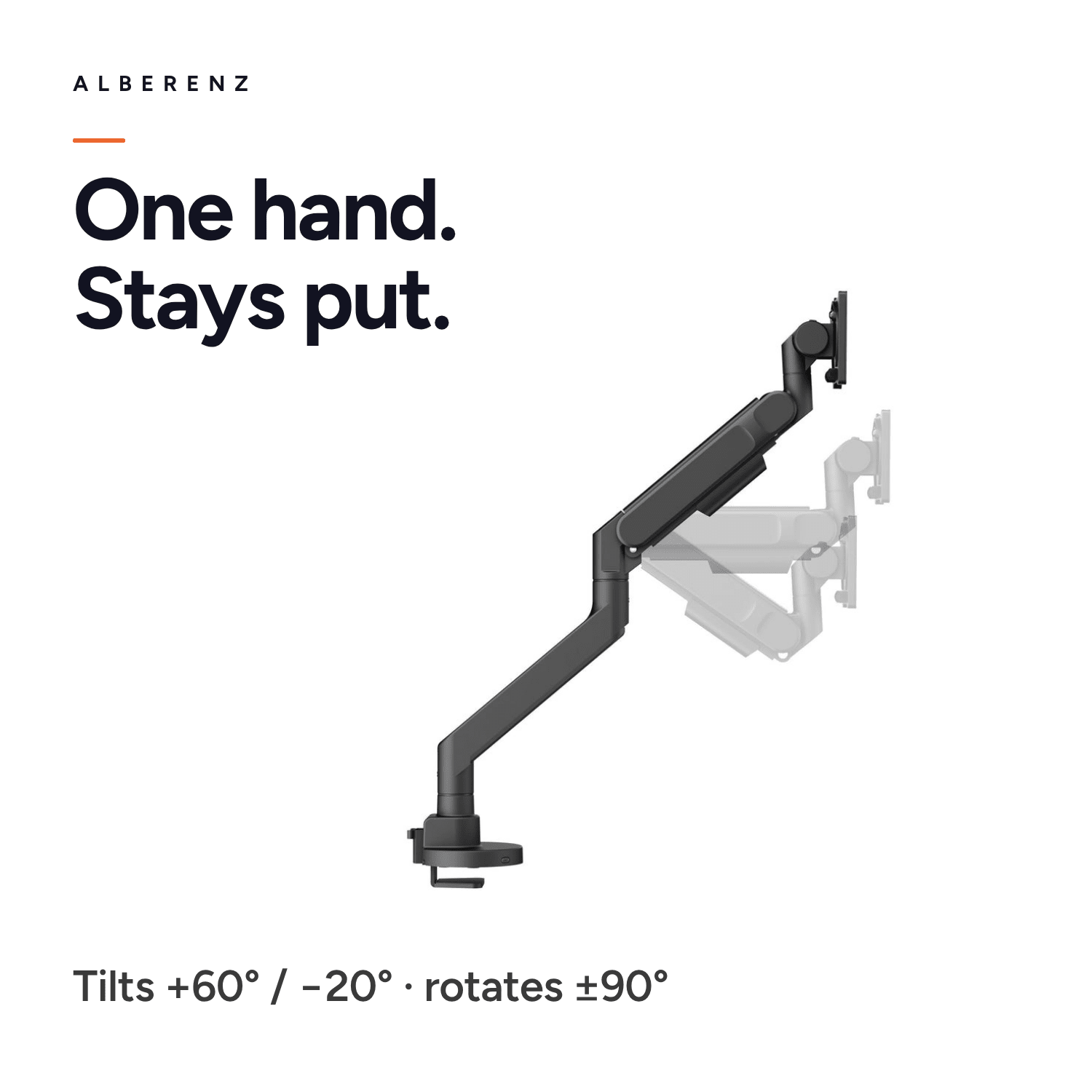 Alberenz heavy duty monitor arm with gas spring, matte black: adjust with one hand, tilts +60 and -20 degrees