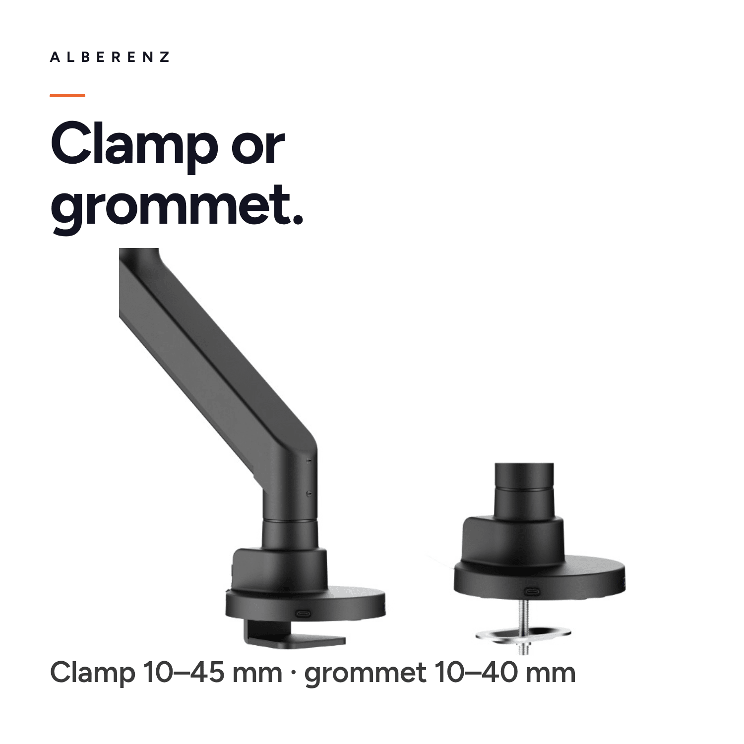 Alberenz heavy duty monitor arm with gas spring, matte black: desk clamp 10 to 45 mm or grommet 10 to 40 mm