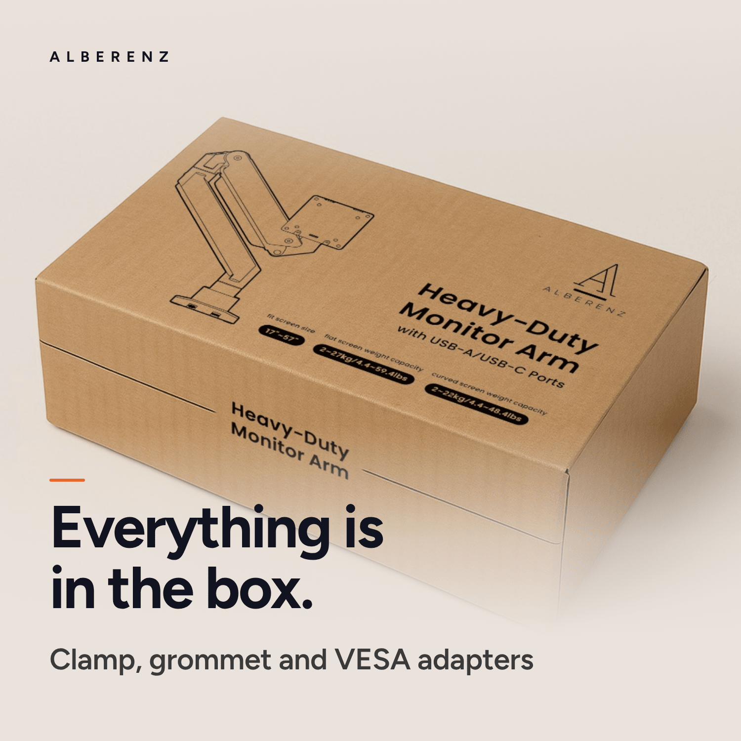 Alberenz heavy duty monitor arm with gas spring, matte black: box with clamp, grommet and VESA adapters