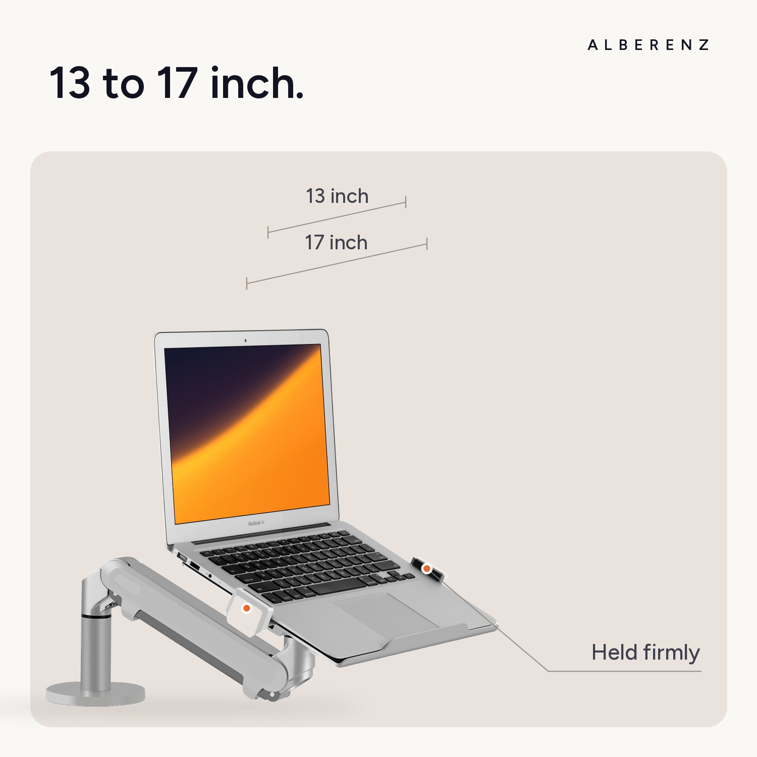 Alberenz gas spring laptop arm, silver: tray for 13 to 17 inch laptops, side clamps hold it firmly