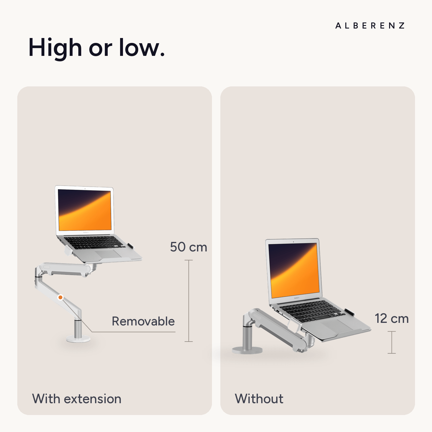 Alberenz gas spring laptop arm, silver: high on the extension pole (50 cm) or low on the clamp (12 cm)