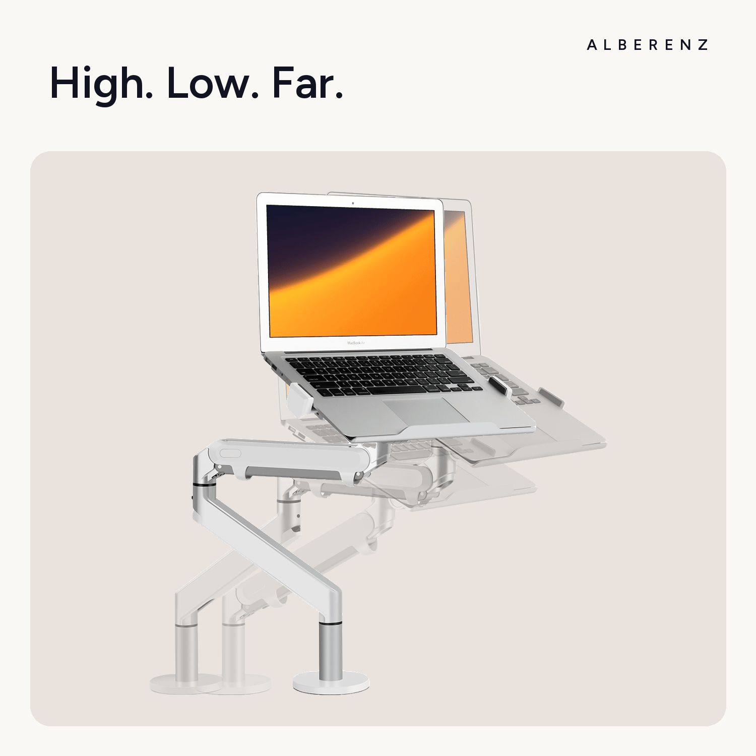 Alberenz gas spring laptop arm, silver: goes high, low and extends far