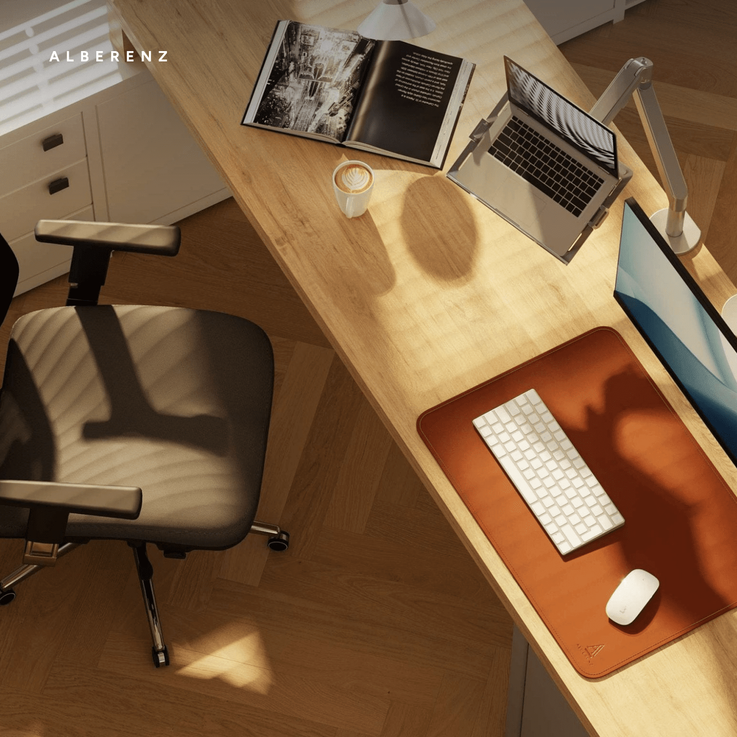 Alberenz gas spring laptop arm, silver: sunlit workspace from above with a wooden desk