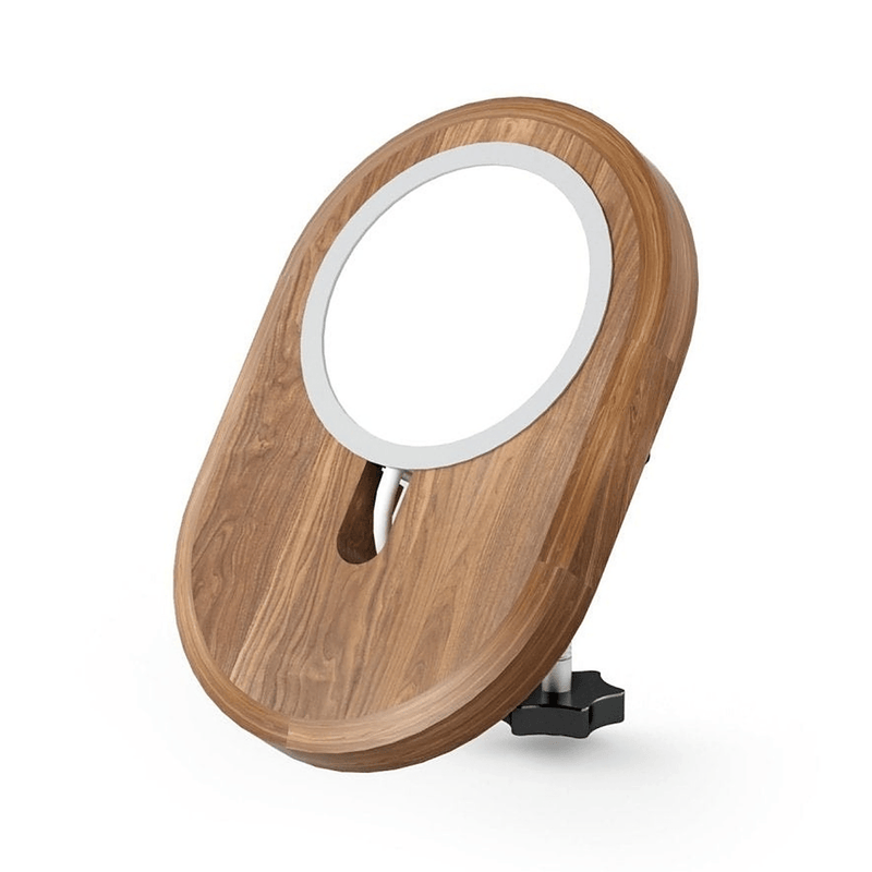 Alberenz walnut MagSafe charger mount with clamp: front view