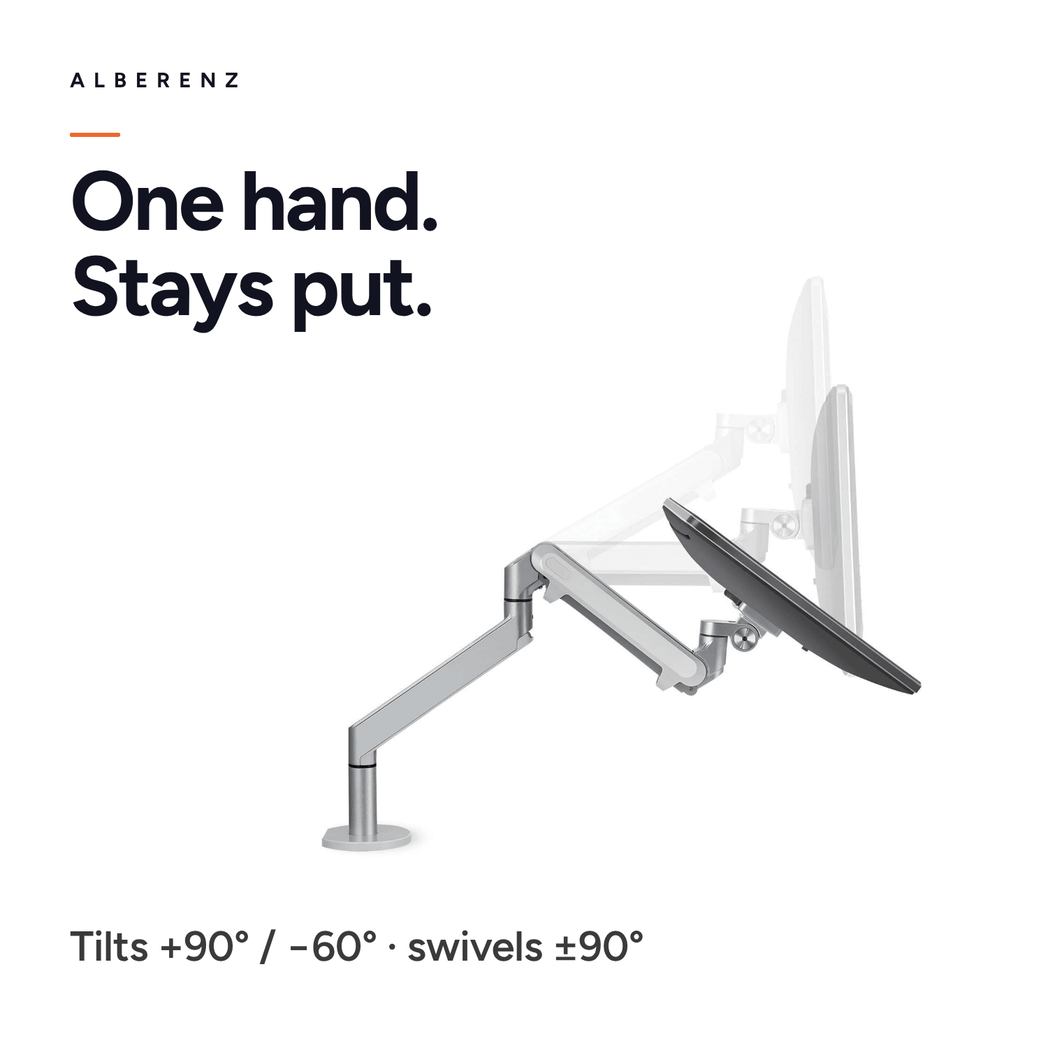 Alberenz gas spring monitor arm silver with oak monitor riser: tilts +90/−60 degrees and swivels ±90 degrees with one hand