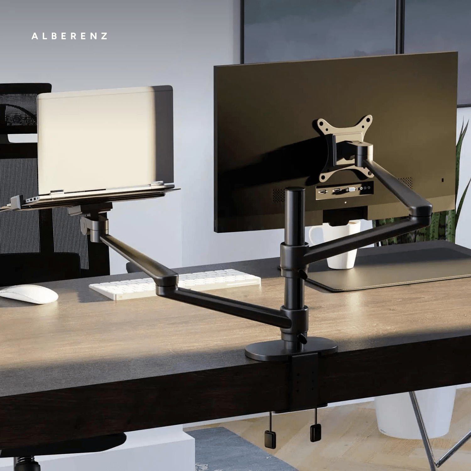 Alberenz monitor arm with laptop tray, black: in a modern office