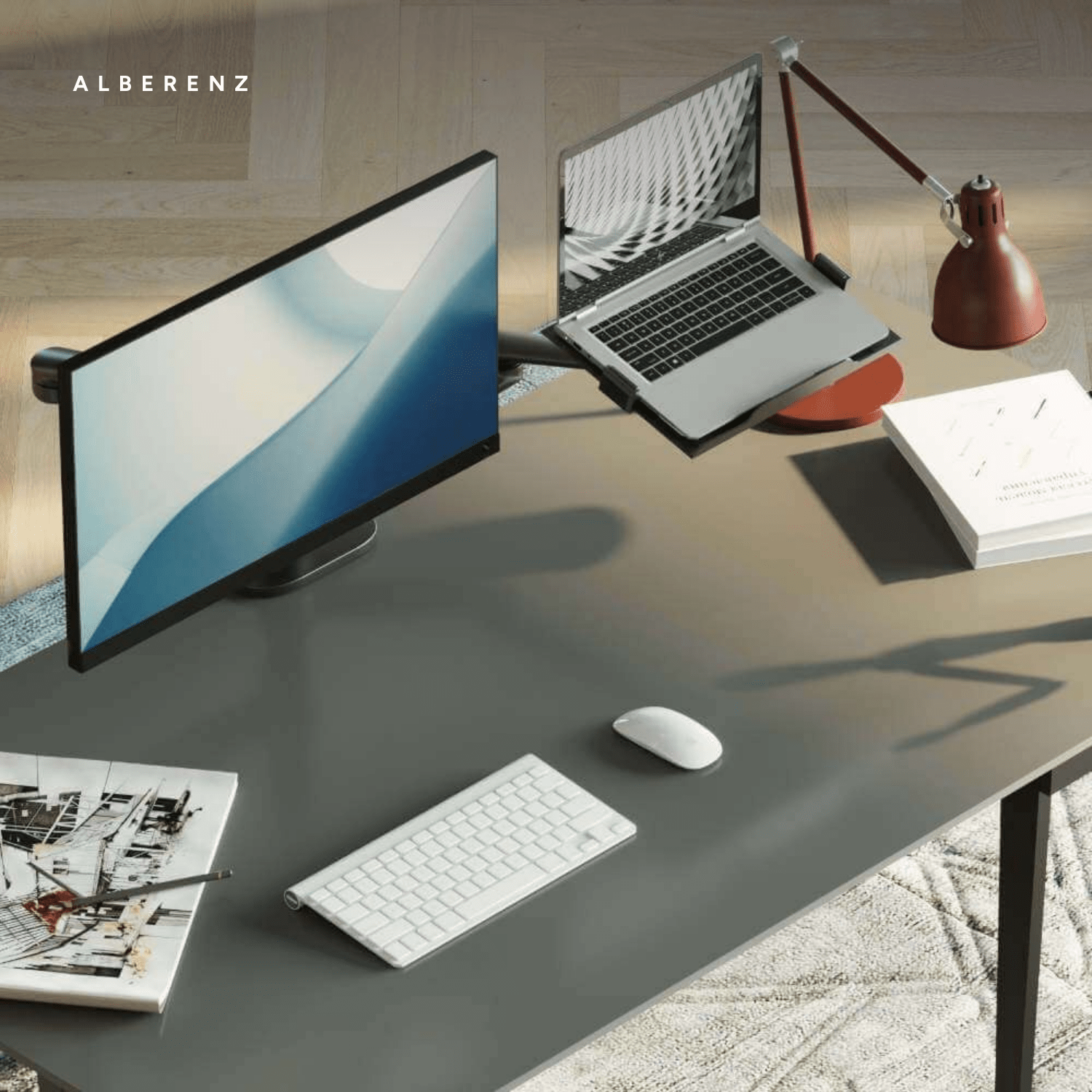 Alberenz monitor arm with laptop tray, black: on a desk, seen at an angle from above