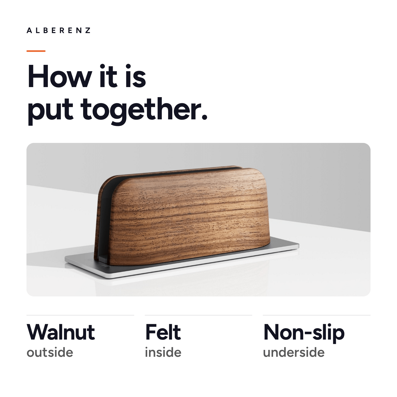 Alberenz vertical laptop stand in walnut: walnut outside, felt inside, non-slip underside
