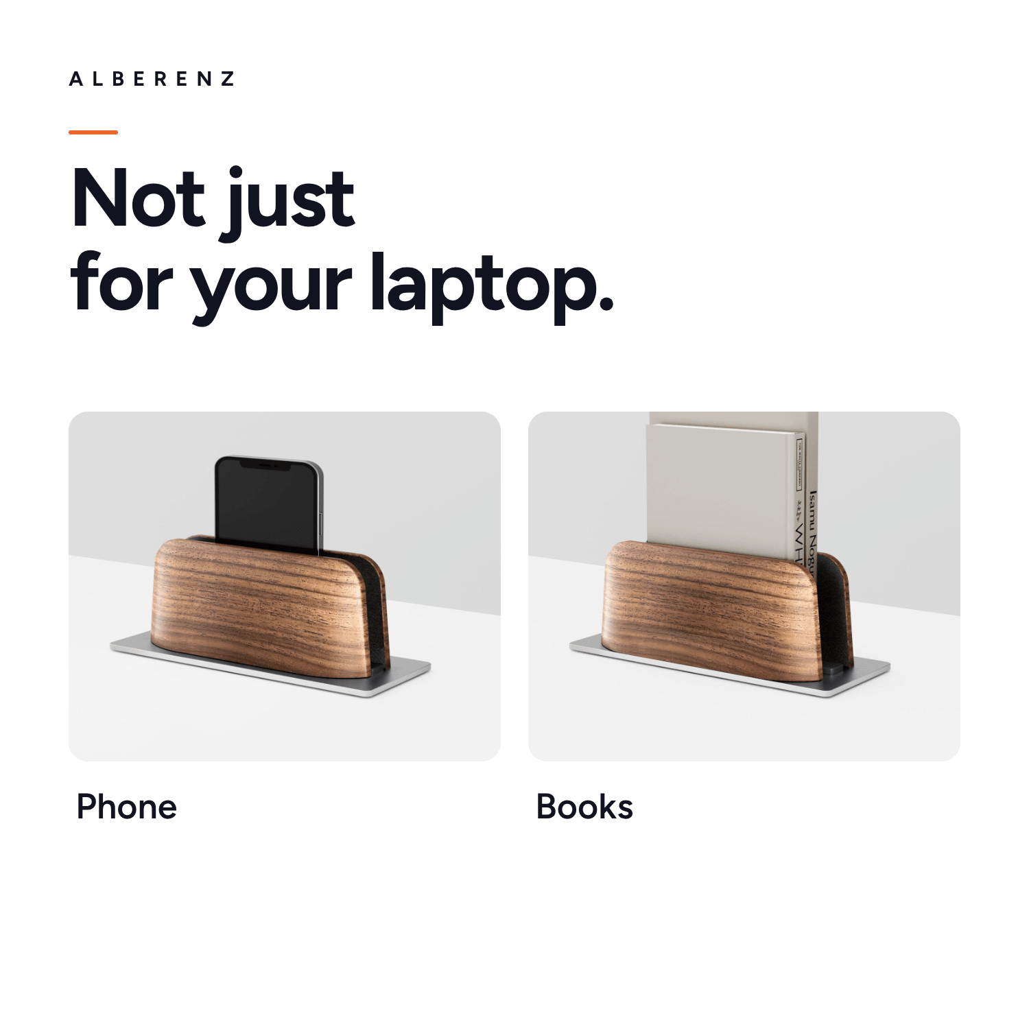 Alberenz vertical laptop stand in walnut: also for a phone or books