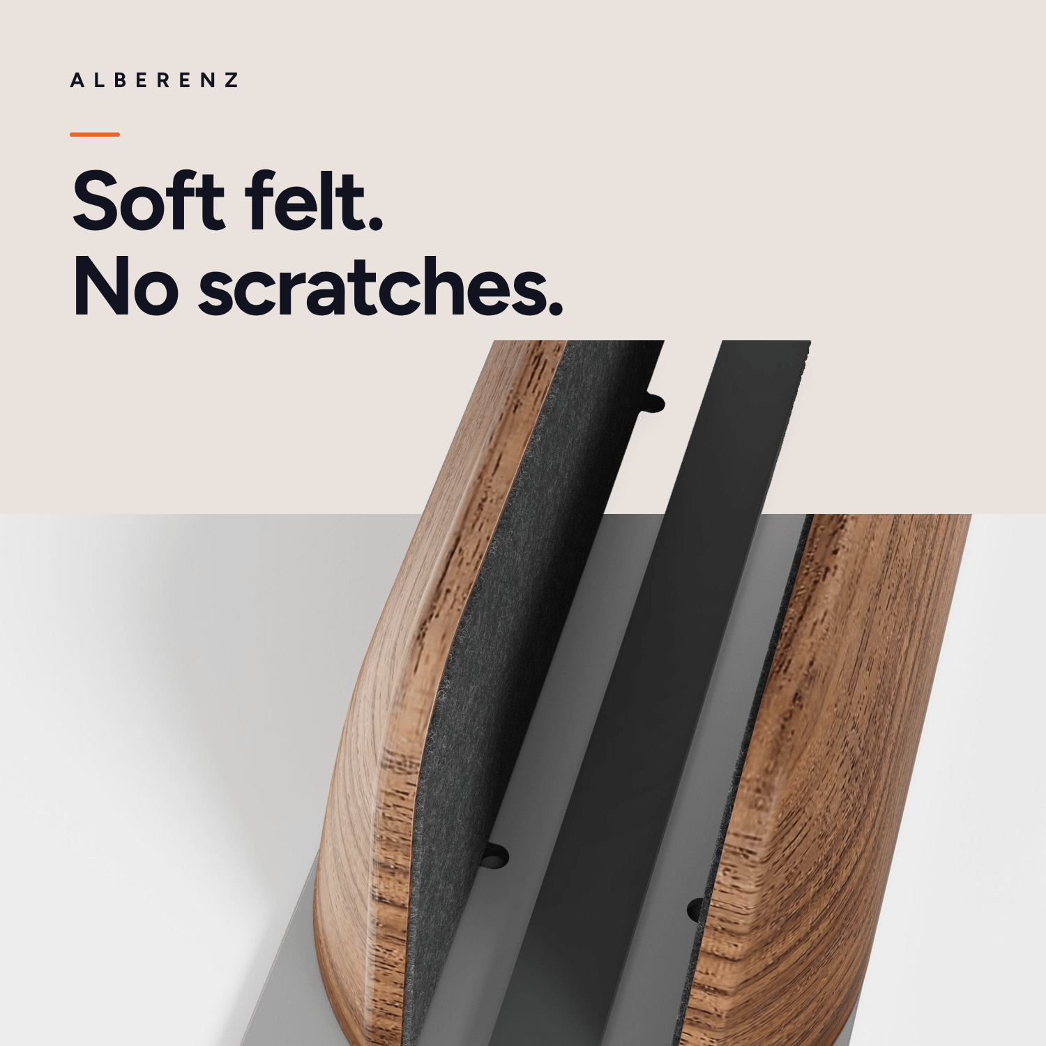 Alberenz vertical laptop stand in walnut: soft felt, no scratches