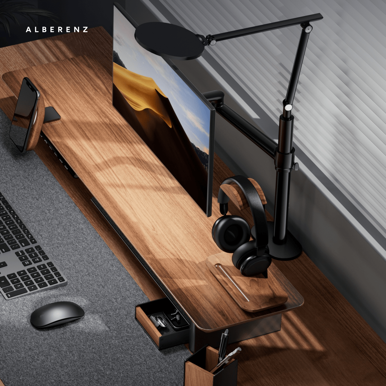 Alberenz walnut headphone stand with pen holder: dark desk with the stand on a monitor riser