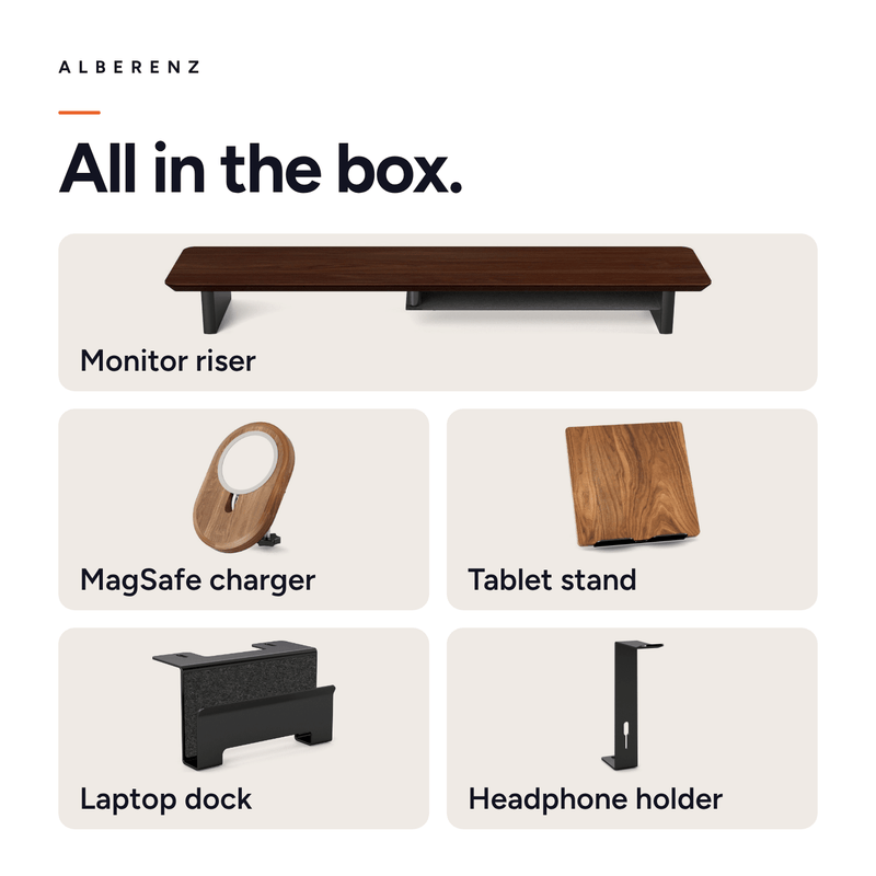 Bundle: Nussbaum-Monitorerhöhung + MagSafe-Ladegerät + Laptophalter + Tabletständer + Kopfhörerhalter