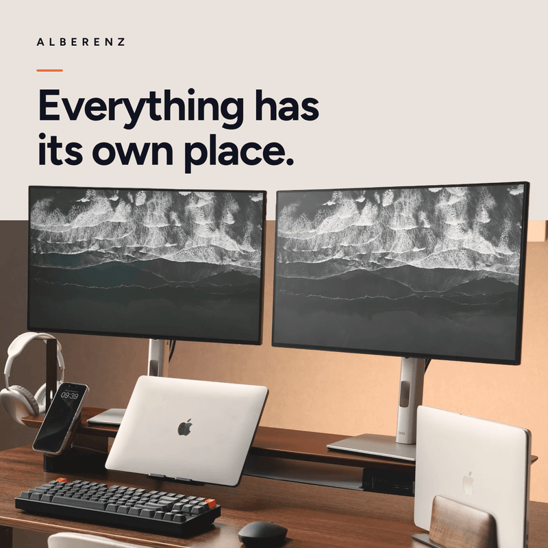 Bundle: Nussbaum-Monitorerhöhung + MagSafe-Ladegerät + Laptophalter + Tabletständer + Kopfhörerhalter