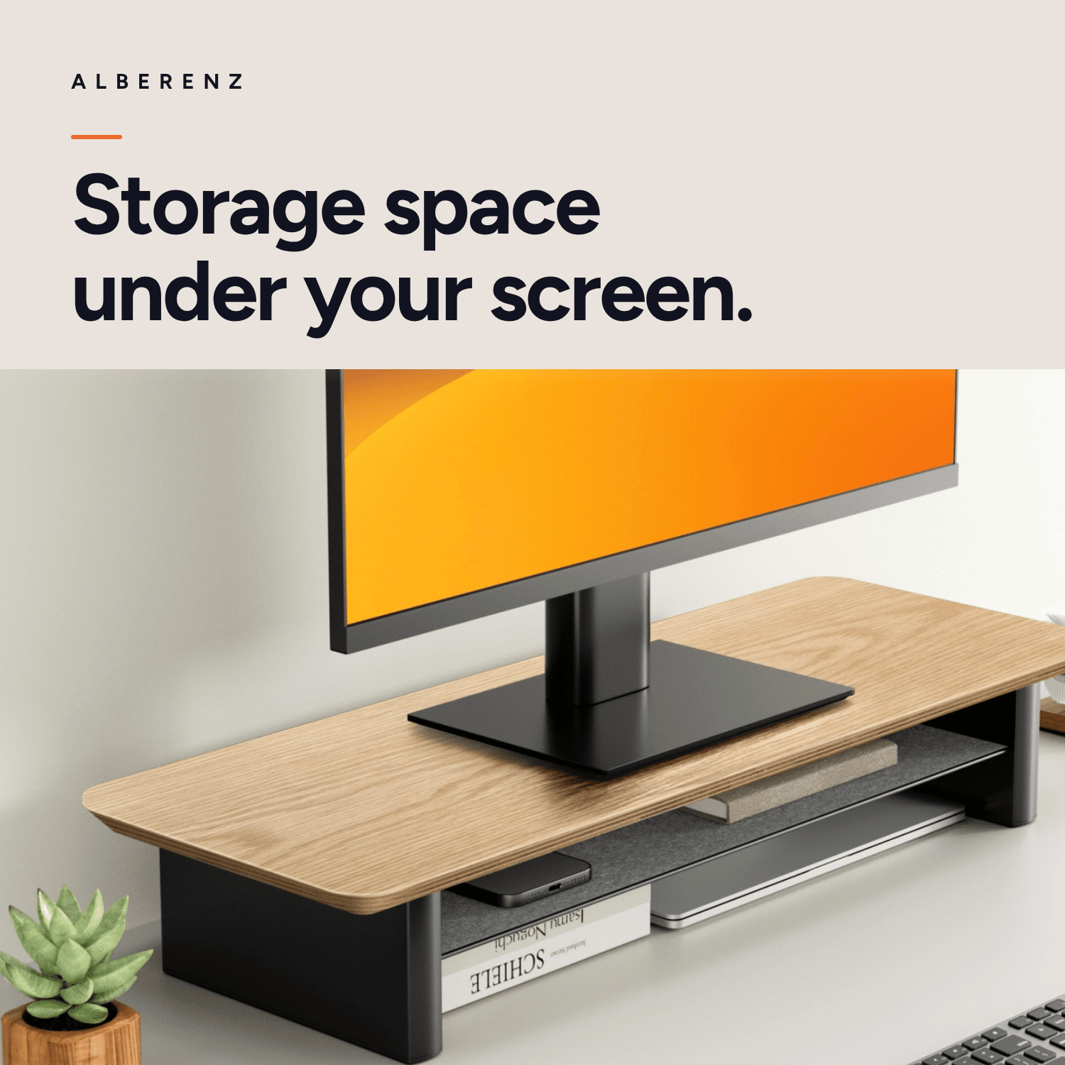 Alberenz oak monitor riser for one screen: open storage shelf under the screen