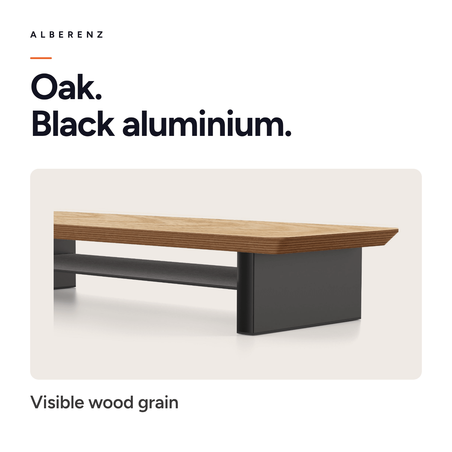 Alberenz oak monitor riser for one screen: oak top with visible grain and black aluminium