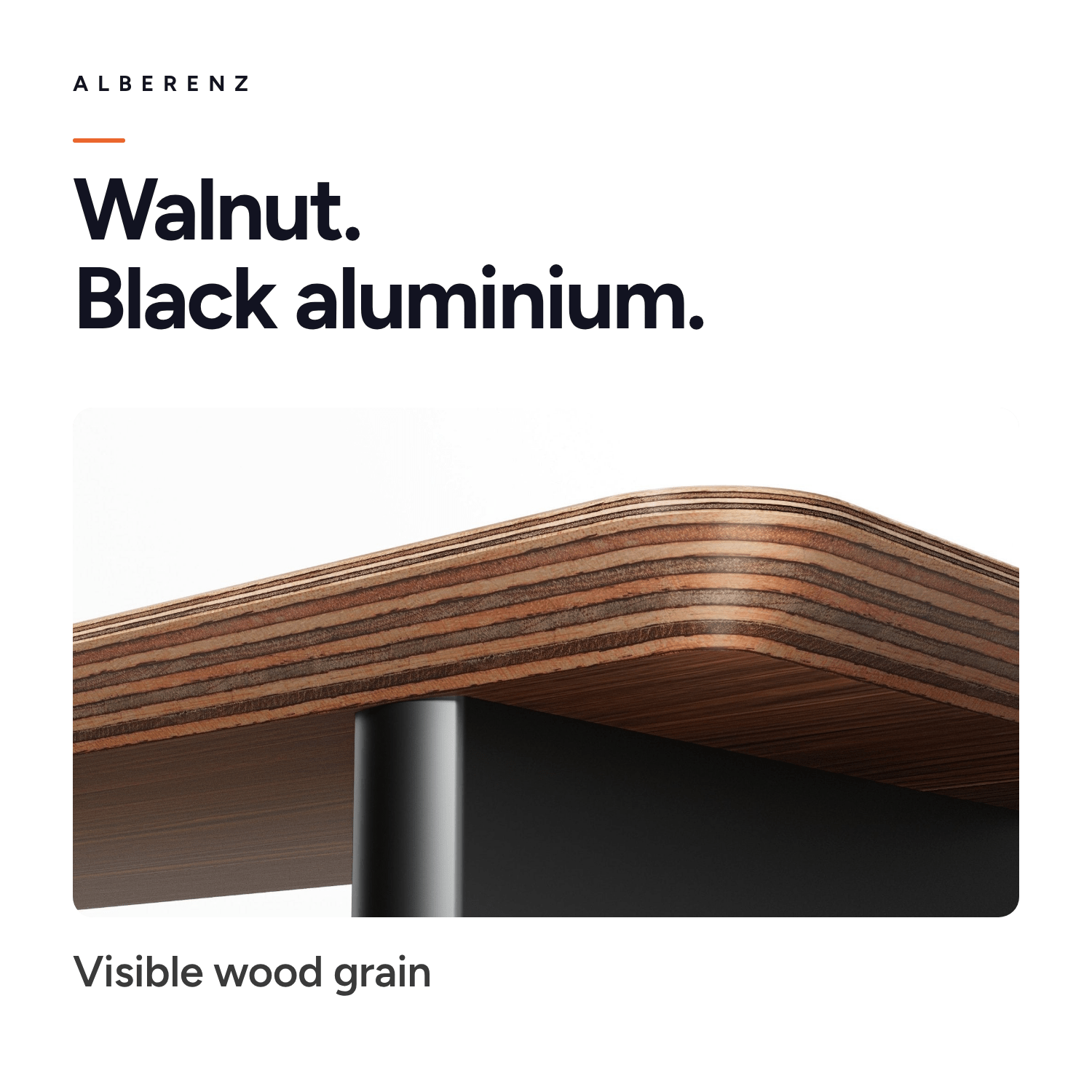 Alberenz walnut monitor riser for one screen: walnut top with visible grain and black aluminium