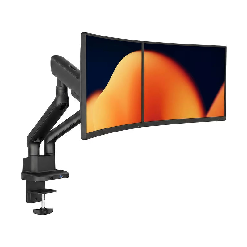 Alberenz black double monitor mount with gas spring and USB ports, supports screens up to 35 inches