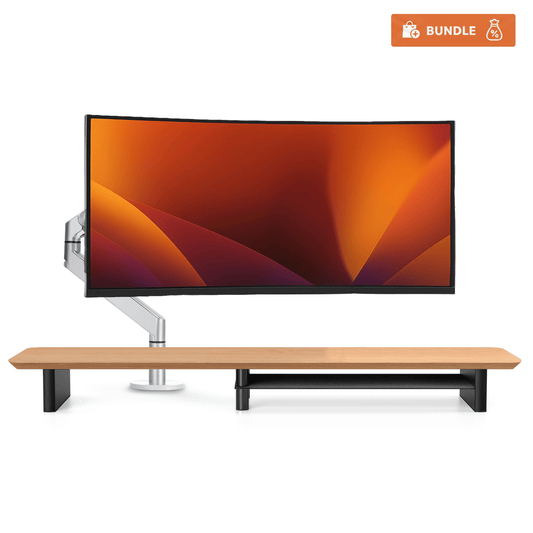 Ergo Starter Bundle – Single Monitor Arm (Silver) + Oak Monitor Riser - Alberenz - Bundles